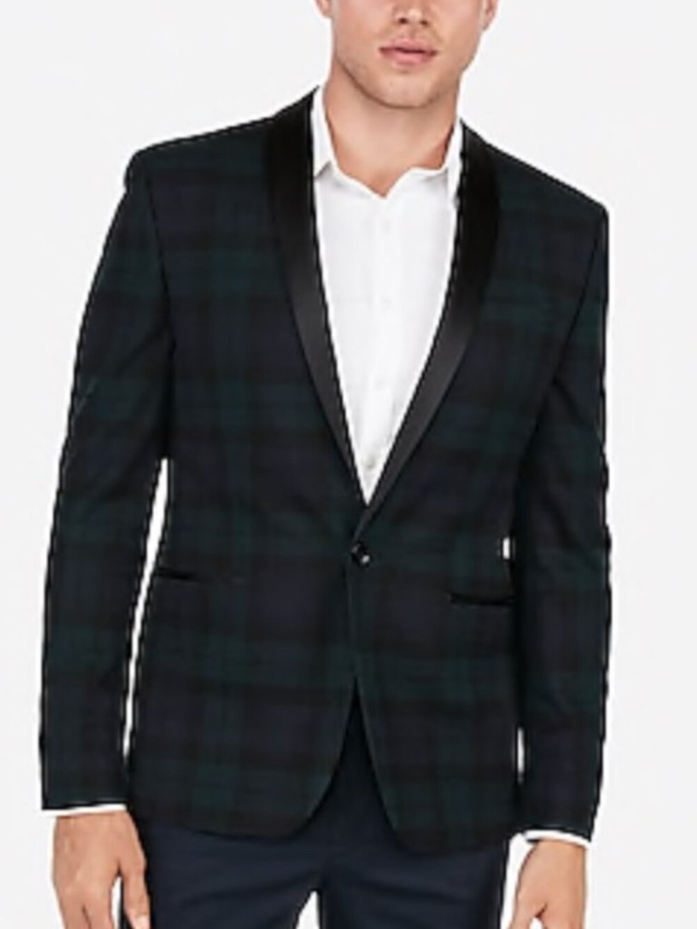 NWOT Express Black Plaid Shawl Collar Stretch Tuxedo Suit 40R Slim